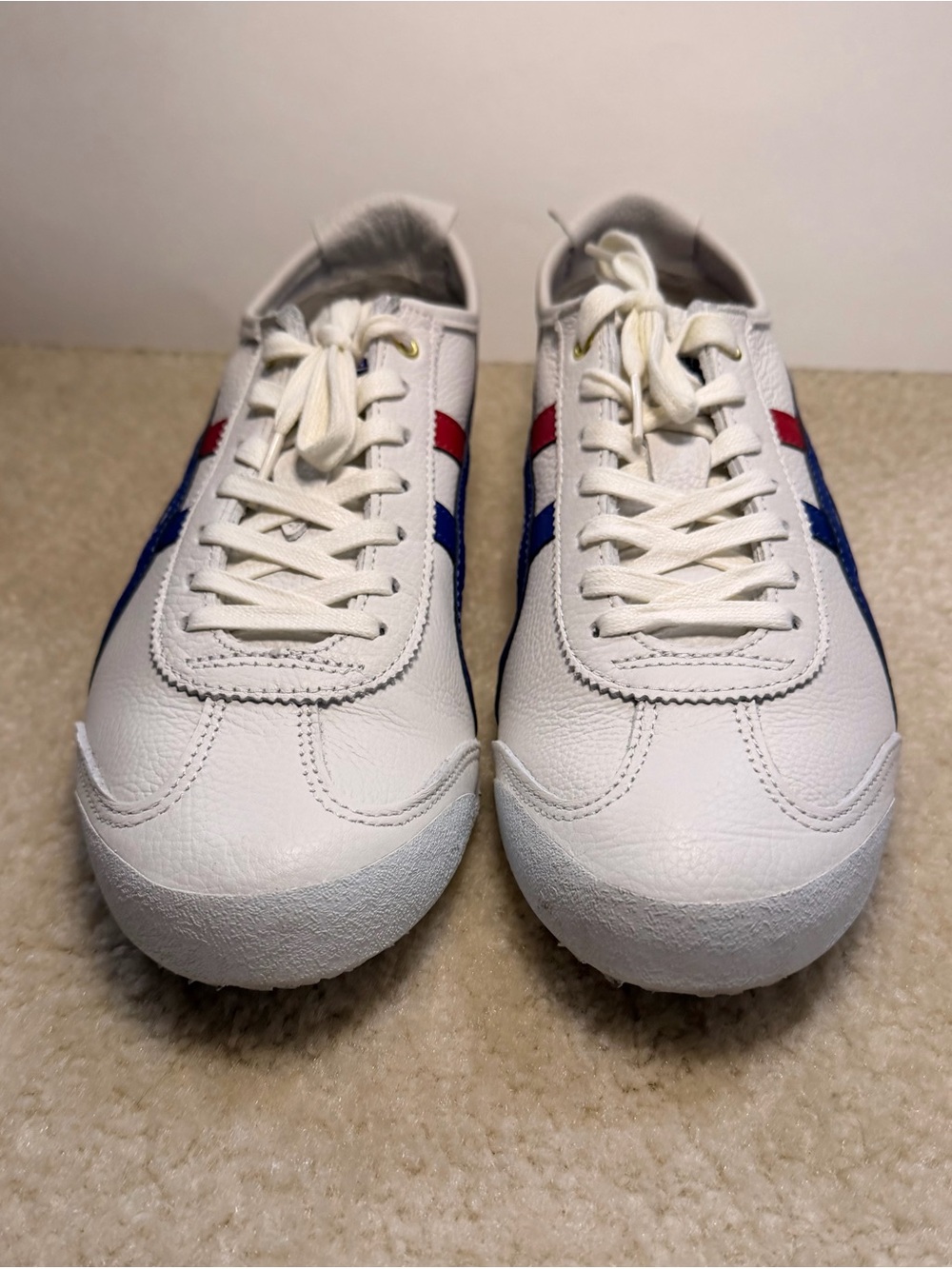 Onitsuka Tiger Mexico 66 White Sneakers with Blue & Red Stripes and Gold accents